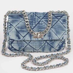 NEW! Denim Puffy Quilted Crossbody Purse Bag Silver Chains Distressed